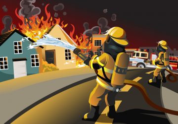 A vector illustration of firefighters trying to put out burning houses